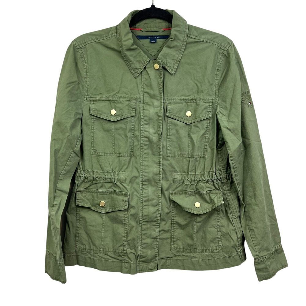 Tommy Hilfiger Woman Utility Jacket Drawstring Toggle Waist Pockets Green M*